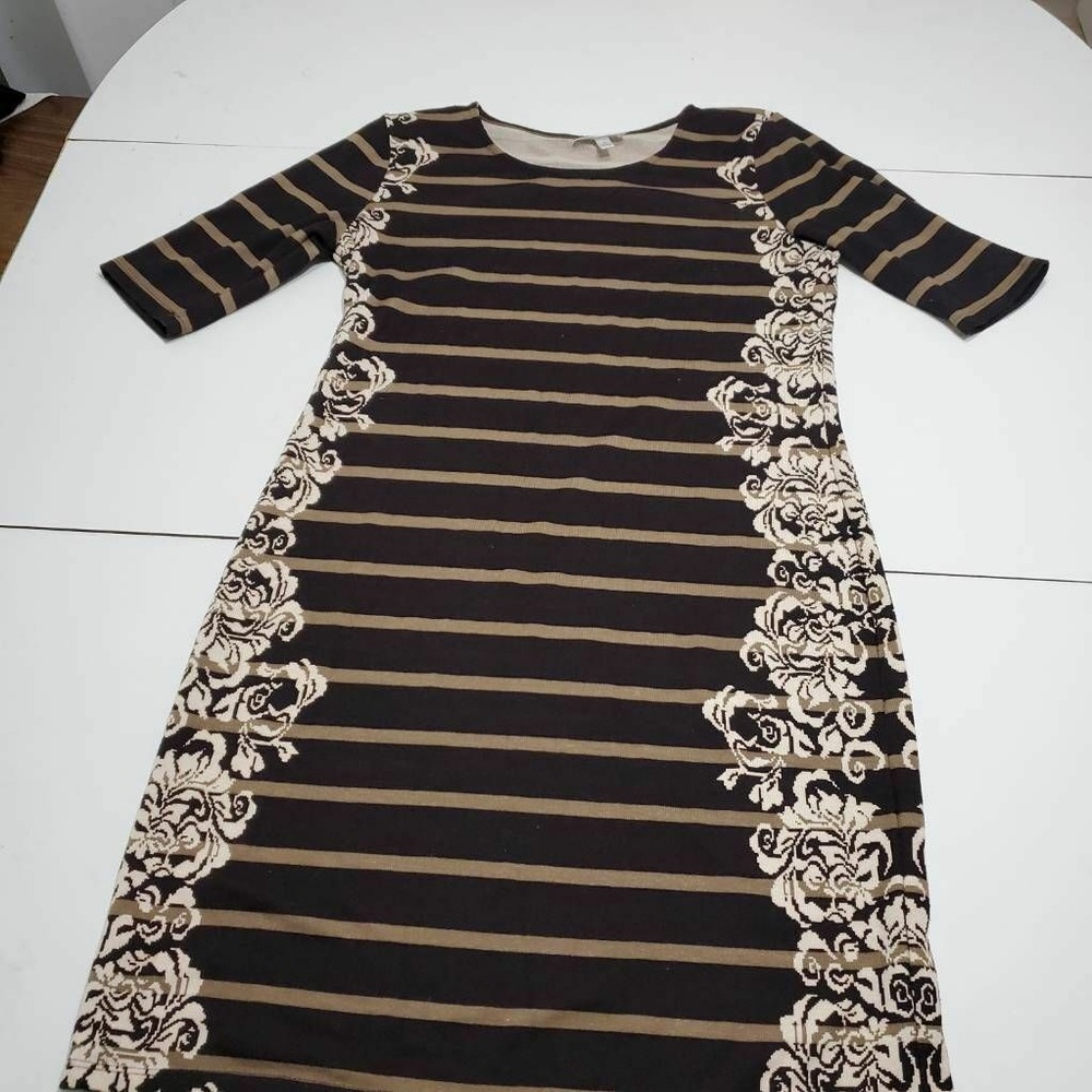 Allison Brittney Womens Sheath Dress Brown Floral Stretch Crew Short Sleeve S